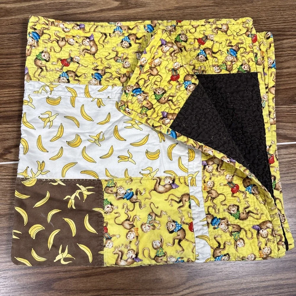 Vintage Handmade Monkeys and Bananas Quilt Reversible 32x32‎ Inches Cotton 1970s